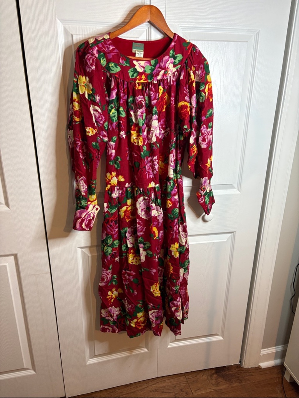 Kenzo Red Floral Midi Dress with Pink, Yellow & Green Accents